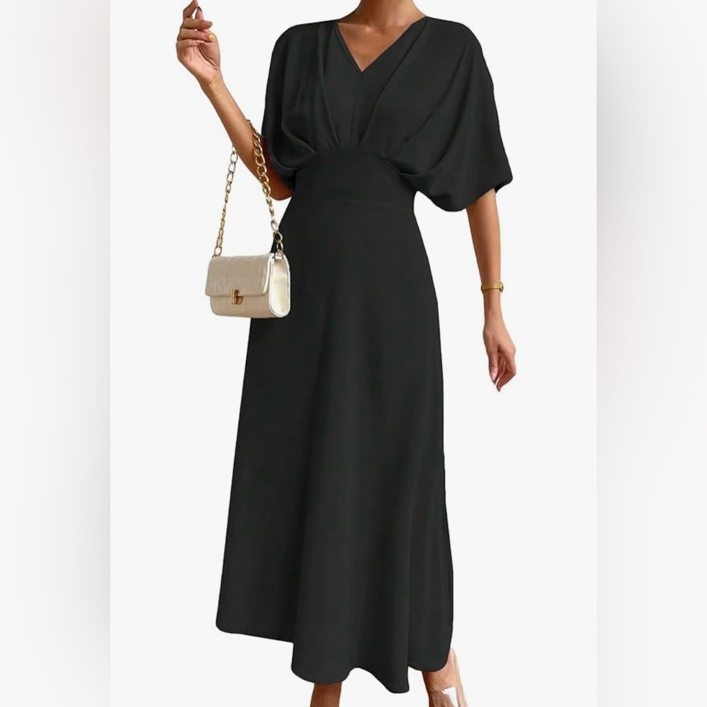 V-Neck 1/2 Sleeve Ruched A-Line Long Dress - Black - Size S - Never Worn